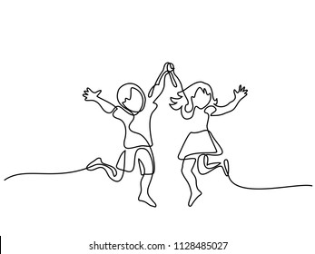 Happy jumping children holding hands. Continuous line drawing. Vector illustration on white background