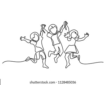 Happy jumping children holding hands. Continuous line drawing. Vector illustration on white background