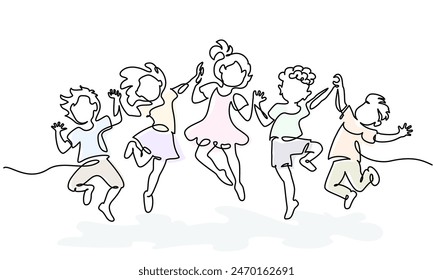 Happy jumping children holding hands. Continuous one line drawing. Vector illustration on white background