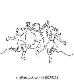 Happy jumping children holding hands. Continuous line drawing. Vector illustration on white background Happy jumping children holding hands. Continuous line drawing. Vector illustration on white background