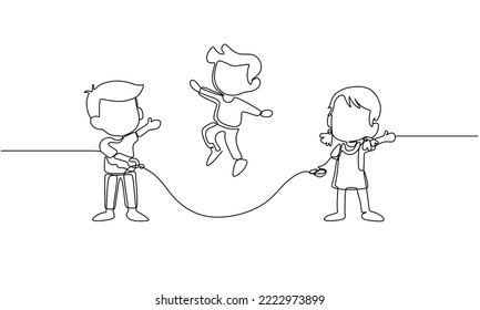 Happy jumping children one continuous line drawing, Children jumping rope.