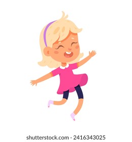 Happy jumping children with raised hands vector illustration. Cute fun active girl play at school or kindergarten. Cartoon adorable carefree female character dance. Happy birthday. Dancing studio.