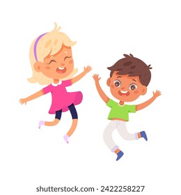 Happy jumping children with raised hands vector illustration. Cute fun active boy and girl play at school or kindergarten. Cartoon adorable carefree characters dance. Happy birthday. Dancing studio.