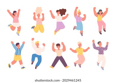 Happy jumping children. Smile girls jump, cute boy characters. Hurray emotions, isolated flat preschool kids. Excited little fun child utter vector set