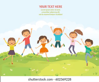 Happy jumping Children in the summer background. Cartoon vector illustration