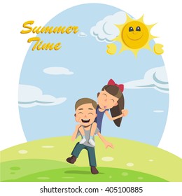 happy jumping children. happy summer. flat design