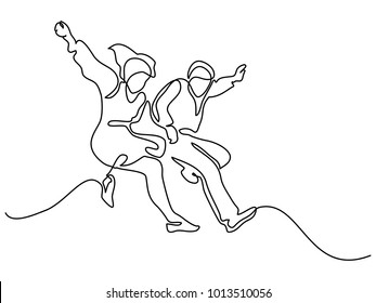 Happy jumping couple. Continuous line drawing. Vector illustration on white background