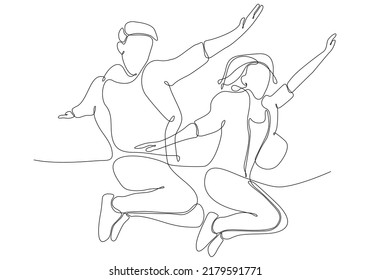 
dibujo de línea continua de pareja de saltos felices