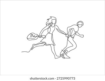 Feliz salto casal modelo de arte de linha única.