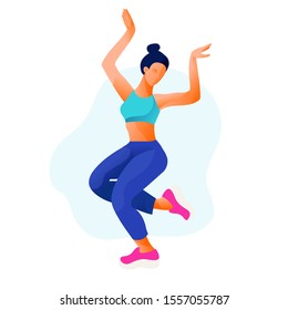 Happy jumping dancing girl or woman dancing in fitness studio vector illustration. Aerobic fitness dance. 