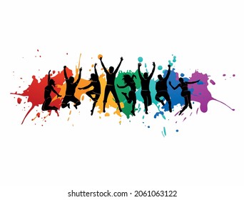 Happy jumping dancing people against the background of blots. Holiday party vector illustration	
