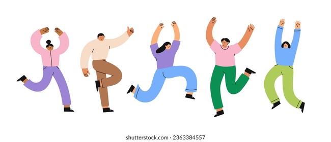 Happy jumping diverse people. Success, teamwork and friendship concept. Flat vector illustration.