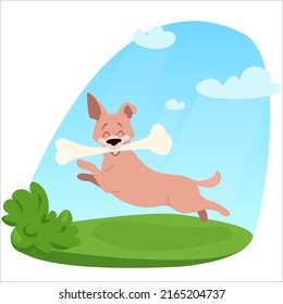 Happy jumping dog on a sunny day in the park. Puppy playing with a toy bone. Friendly terrier flying high on summer landscape background. Play time concept. Cartoon poster. Vector illustration.