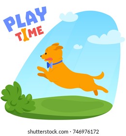 Happy jumping dog on a sunny day in the park. Cute running puppy on the grass. Friendly terrier flying high on summer landscape background. Play time concept. Cartoon poster. Vector illustration.