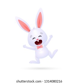 Happy jumping Easter bunny. Positive little rabbit shouting and raising arms. Can be used for topics like spring, emotion, animal