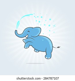 Happy jumping elephant with spray of water. Vector illustration. Vector icon. Logo template.