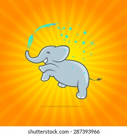 Happy jumping elephant with spray of water on colorful yellow and orange background. Vector illustration. Vector icon. Vector banner. Logo template.