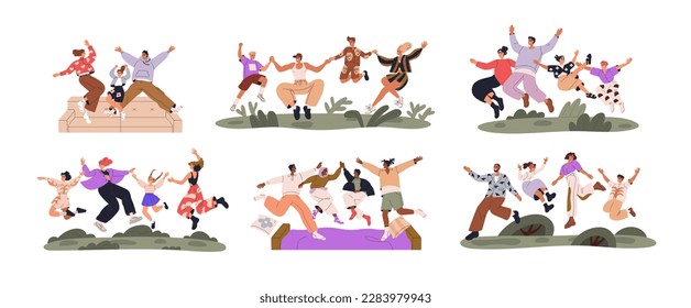 Happy jumping families set. Excited parents and children having fun. Joyful mom, dad, joyous funny kids laughing, smiling together. Flat graphic vector illustrations isolated on white background