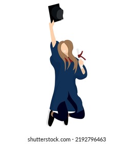 Happy jumping female graduating student on white background