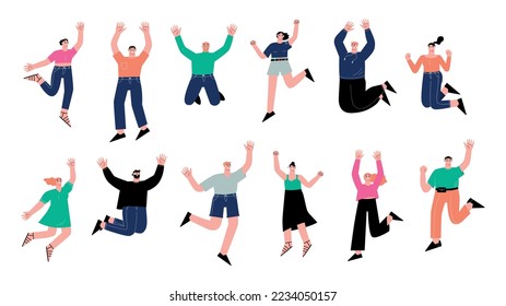 Happy jumping flat people. Human flying various poses, smile and cheer. Rejoicing celebration students team. Men women jump sapid vector characters