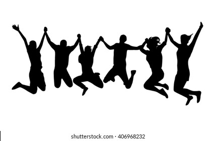 Happy jumping and flying people silhouettes. Black and white  six vector people