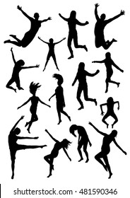 Happy Jumping And Flying People Silhouettes. Black Vector People