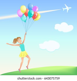 Happy jumping girl with colorful balloons on the lawn. Background of blue sky with white clouds, airliner and trail. Vector illustration.