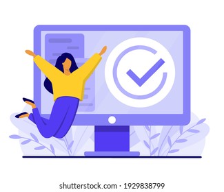 Happy jumping girl and computer with checkmark sign. Finished work or completed task concept. Flat style vector illustration.