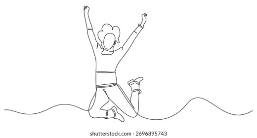 Feliz salto menina contínua única linha arte vetor ilustração