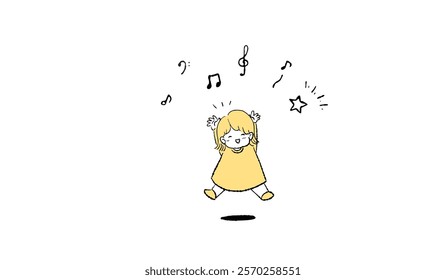 A Happy Jumping Girl with Musical Notes and Stars Illustration