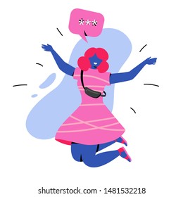 Happy jumping girl with speech bubble. Modern faceless female caracter jumping in the air in excitement. Vivid colored vector design.