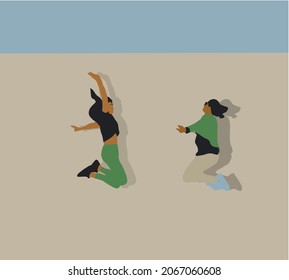 Happy jumping girlfriend are jumping together and celebrating. Lifestyle people concept. Flat style vector