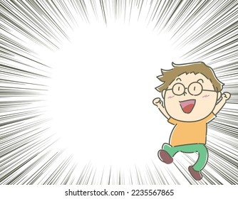 Happy jumping glasses boy and concentration line text space