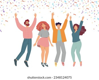 Happy jumping group of people, confetti around. Flat vector illustration isolated on white background