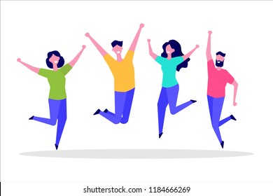 Happy Jumping Group Of People.  Healthy Lifestyle, Friendship, Success, Celebrating Victory Concept. Vector Illustration
