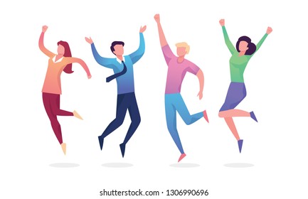 Happy Jumping Group Of People. Healthy Lifestyle, Friendship, Success, Celebrating Victory Concept. Vector Illustration