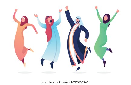 Happy Jumping group of people. Muslims, Arabs, hijab. Happy women and men dressed in national costume. Healthy lifestyle. Vector illustration