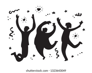 Happy jumping group people silhouette black and white