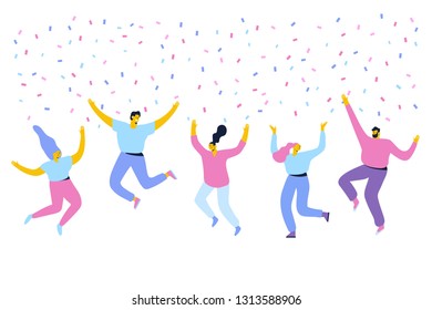 Happy Jumping group of young people.  Flat Vector illustration.