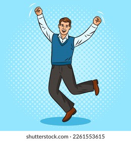 Happy jumping joy dancing man businessman pop art retro vector illustration. Comic book style imitation.