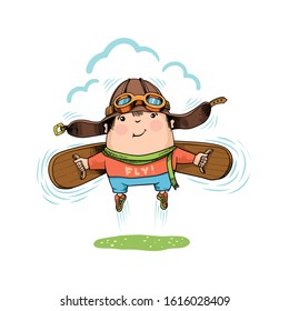Happy jumping kid. Boy with wings, in pilot helmet and shirt with the inscription Fly! Humorous vector illustration.