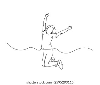 Happy jumping kid in simple line art illustration. Continuous one line draw of happy boy running and jumping.