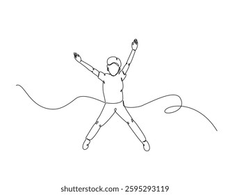 Happy jumping kid in simple line art illustration. Continuous one line draw of happy boy running and jumping.