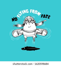 Happy jumping kid with wings, in pilot helmet and shirt with the inscription No flying from fate. Humorous vector illustration. Print and web concept.