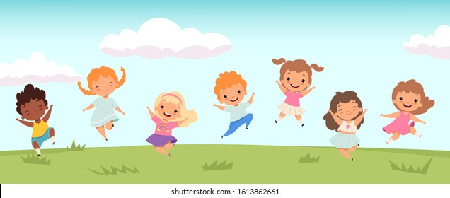 Happy jumping kids. Funny children playing and jumping on meadow. Little people vector background