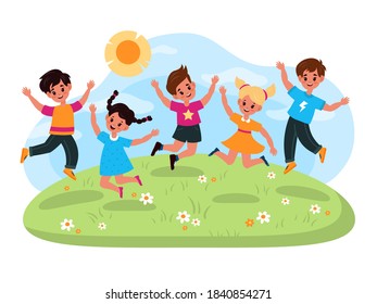 Happy jumping kids. Joyful school cute children, boys and girls have fun and jump together summer outdoor, little friends smile and laughter kindergarten in park vector cartoon flat childhood concept