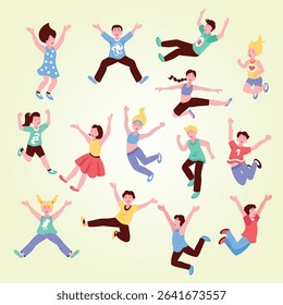 Happy Jumping Kids Set celebrate fly ecstatic up sport energetic cool movement flying cute motion action achieve gesture enthusiastic activity