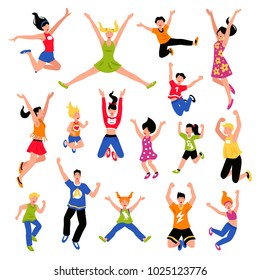 Happy jumping kids teens and adult people of  different gender and age isometric colored set isolated vector illustration