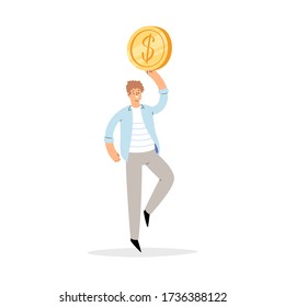Happy jumping man with coins in hands. Rich businessman or millionaire, careless wealthy character with money, financial success, lottery win, fortune, good luck, business concept isolated 