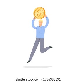 Happy jumping man with coins in hands. Rich businessman or millionaire, careless wealthy character with money, financial success, lottery win, fortune, good luck, business concept isolated 